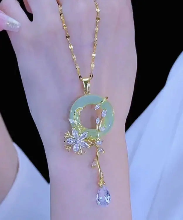 Fashion Light Green Stainless Steel Inlaid Crystal Jade Floral Pendant Necklace Ada Fashion