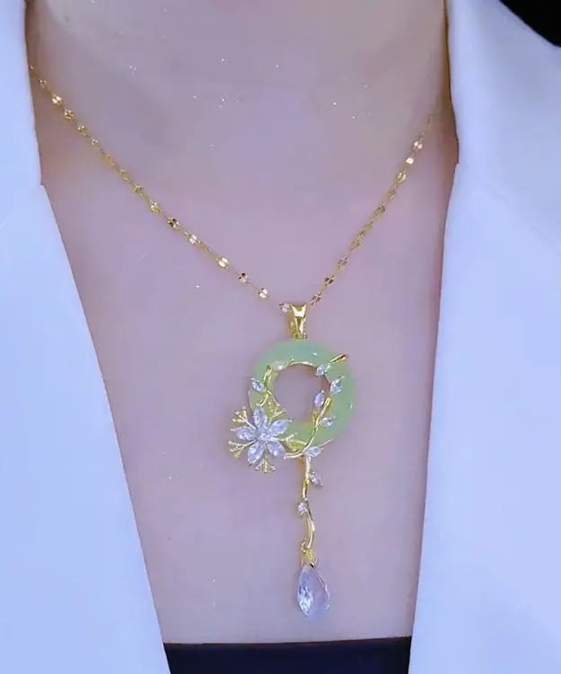 Fashion Light Green Stainless Steel Inlaid Crystal Jade Floral Pendant Necklace Ada Fashion