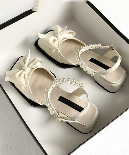 Fashion Nail Bead Bow Splicing Chunky Sandals Khaki Faux Leather Ada Fashion