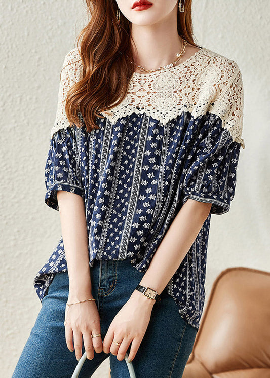 Fashion Navy O-Neck Print Lace Patchwork Shirt Summer LY1529 - fabuloryshop