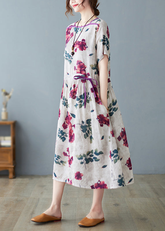 Fashion O-Neck Print Drawstring Tie Waist Long Dress Summer LY2944 - fabuloryshop