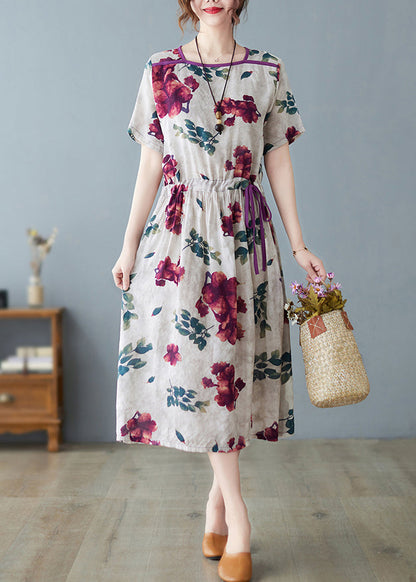 Fashion O-Neck Print Drawstring Tie Waist Long Dress Summer LY2944 - fabuloryshop