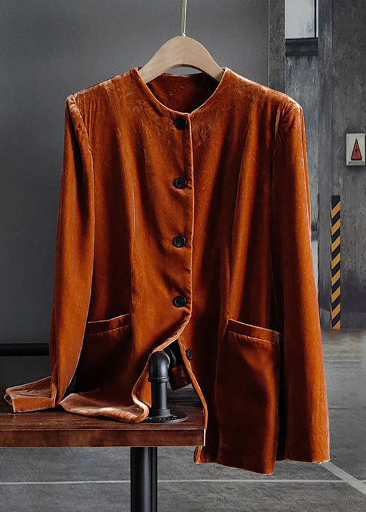 Fashion Orange O-Neck Button Patchwork Silk Velour Coats Spring LY0983 - fabuloryshop