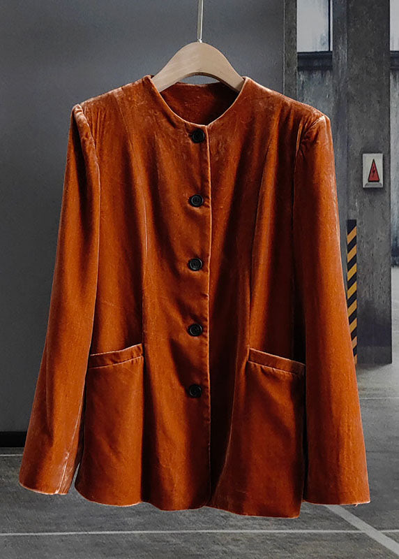 Fashion Orange O-Neck Button Patchwork Silk Velour Coats Spring LY0983 - fabuloryshop