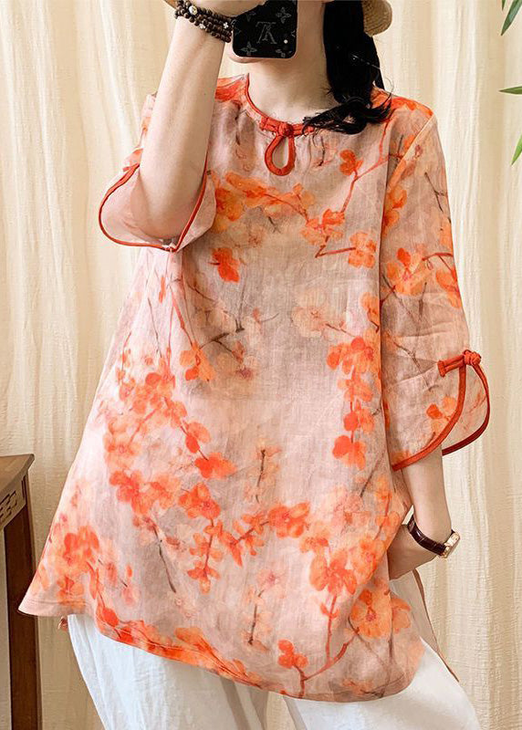 Fashion Orange O-Neck Print Button Side Open Linen Shirt Half Sleeve LY4453 - fabuloryshop