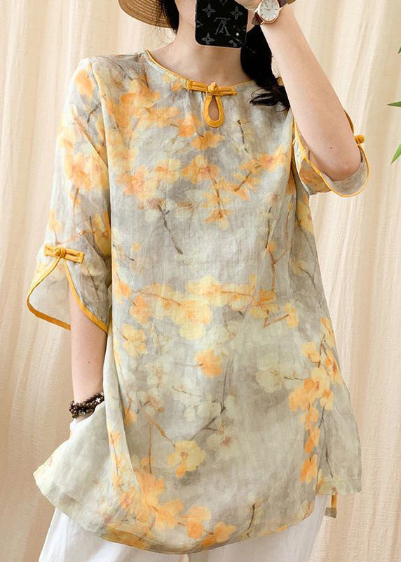 Fashion Orange O-Neck Print Button Side Open Linen Shirt Half Sleeve LY4453 - fabuloryshop