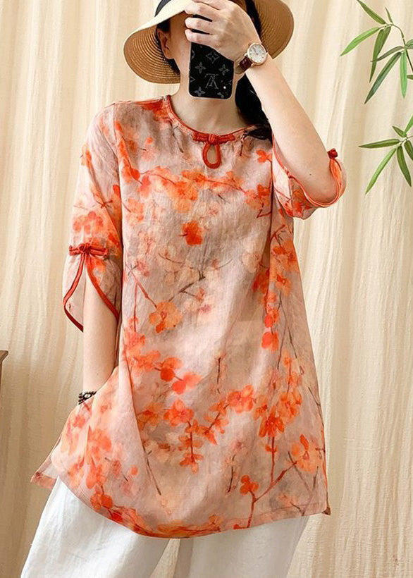 Fashion Orange O-Neck Print Button Side Open Linen Shirt Half Sleeve LY4453 - fabuloryshop