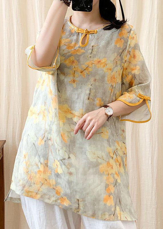 Fashion Orange O-Neck Print Button Side Open Linen Shirt Half Sleeve LY4453 - fabuloryshop