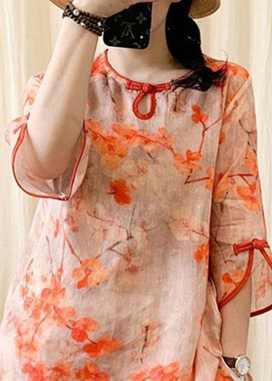 Fashion Orange O-Neck Print Button Side Open Linen Shirt Half Sleeve LY4453 - fabuloryshop