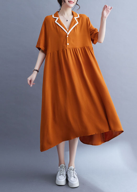 Fashion Orange Peter Pan Collar Wrinkled Patchwork Ice Silk Dress Summer LY4944 - fabuloryshop