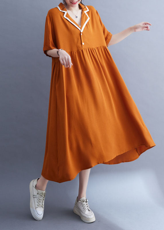 Fashion Orange Peter Pan Collar Wrinkled Patchwork Ice Silk Dress Summer LY4944 - fabuloryshop