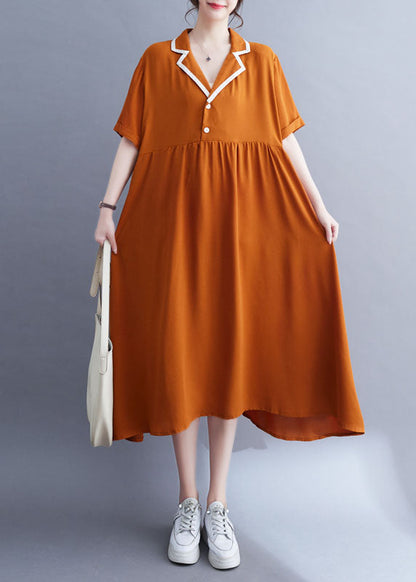 Fashion Orange Peter Pan Collar Wrinkled Patchwork Ice Silk Dress Summer LY4944 - fabuloryshop