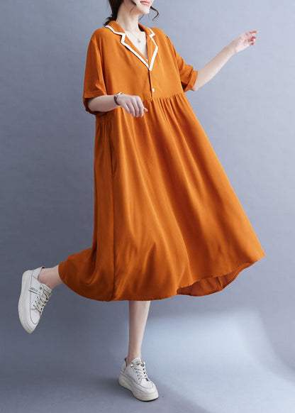 Fashion Orange Peter Pan Collar Wrinkled Patchwork Ice Silk Dress Summer LY4944 - fabuloryshop