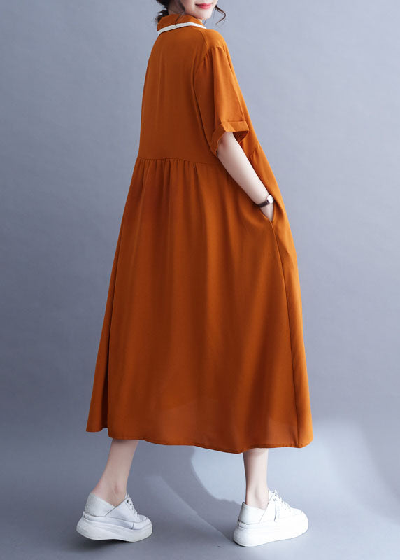 Fashion Orange Peter Pan Collar Wrinkled Patchwork Ice Silk Dress Summer LY4944 - fabuloryshop