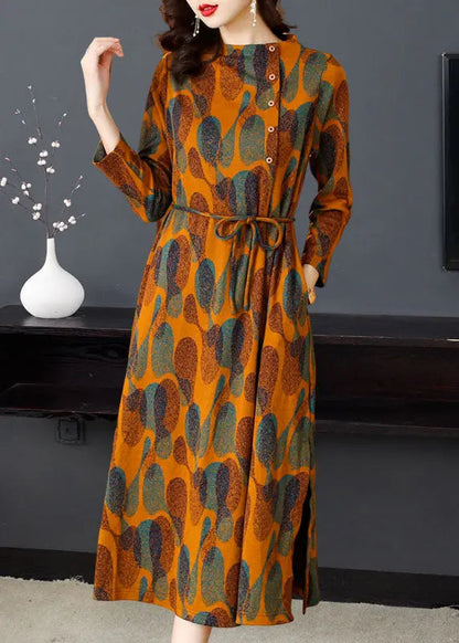 Fashion Orange Print Tie Waist Long Dresses Long Sleeve Ada Fashion