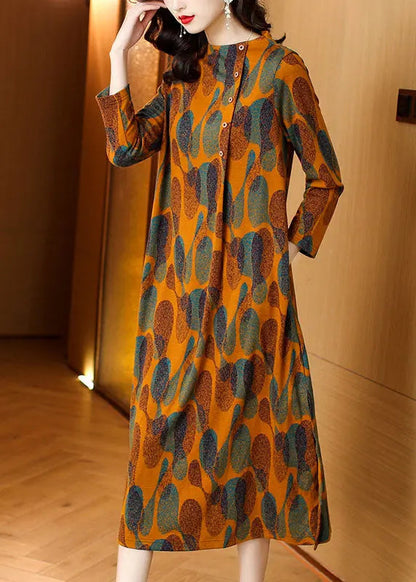 Fashion Orange Print Tie Waist Long Dresses Long Sleeve Ada Fashion