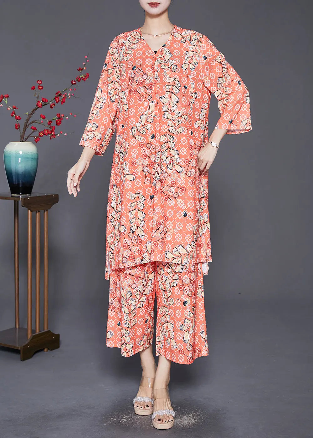 Fashion Orange V Neck Pring Cotton Two Piece Suit Set Fall Ada Fashion