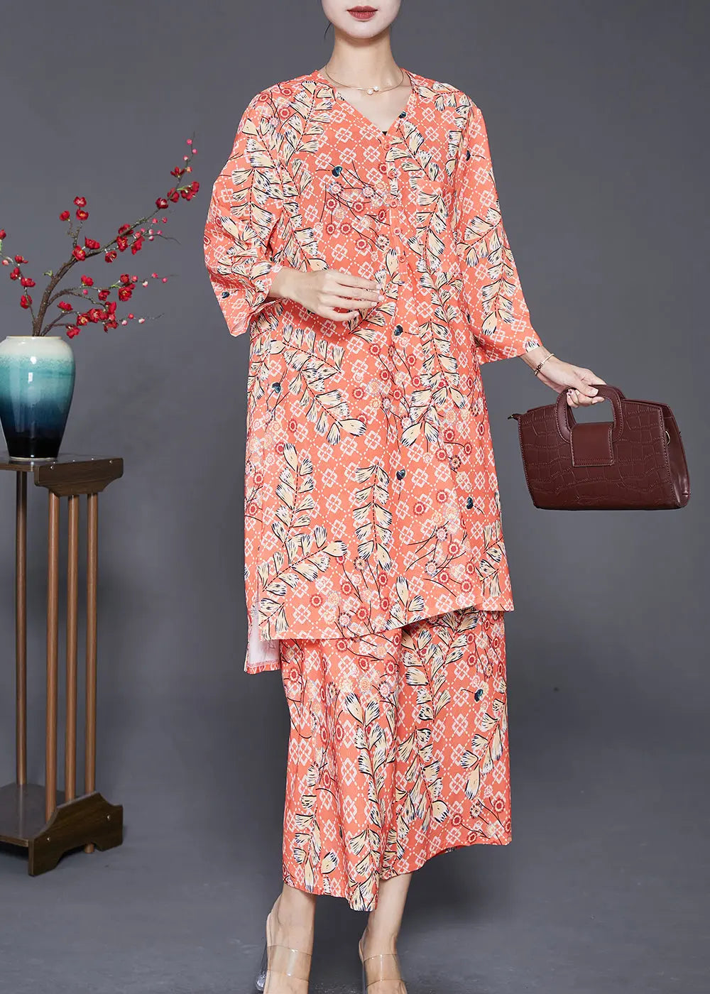 Fashion Orange V Neck Pring Cotton Two Piece Suit Set Fall Ada Fashion