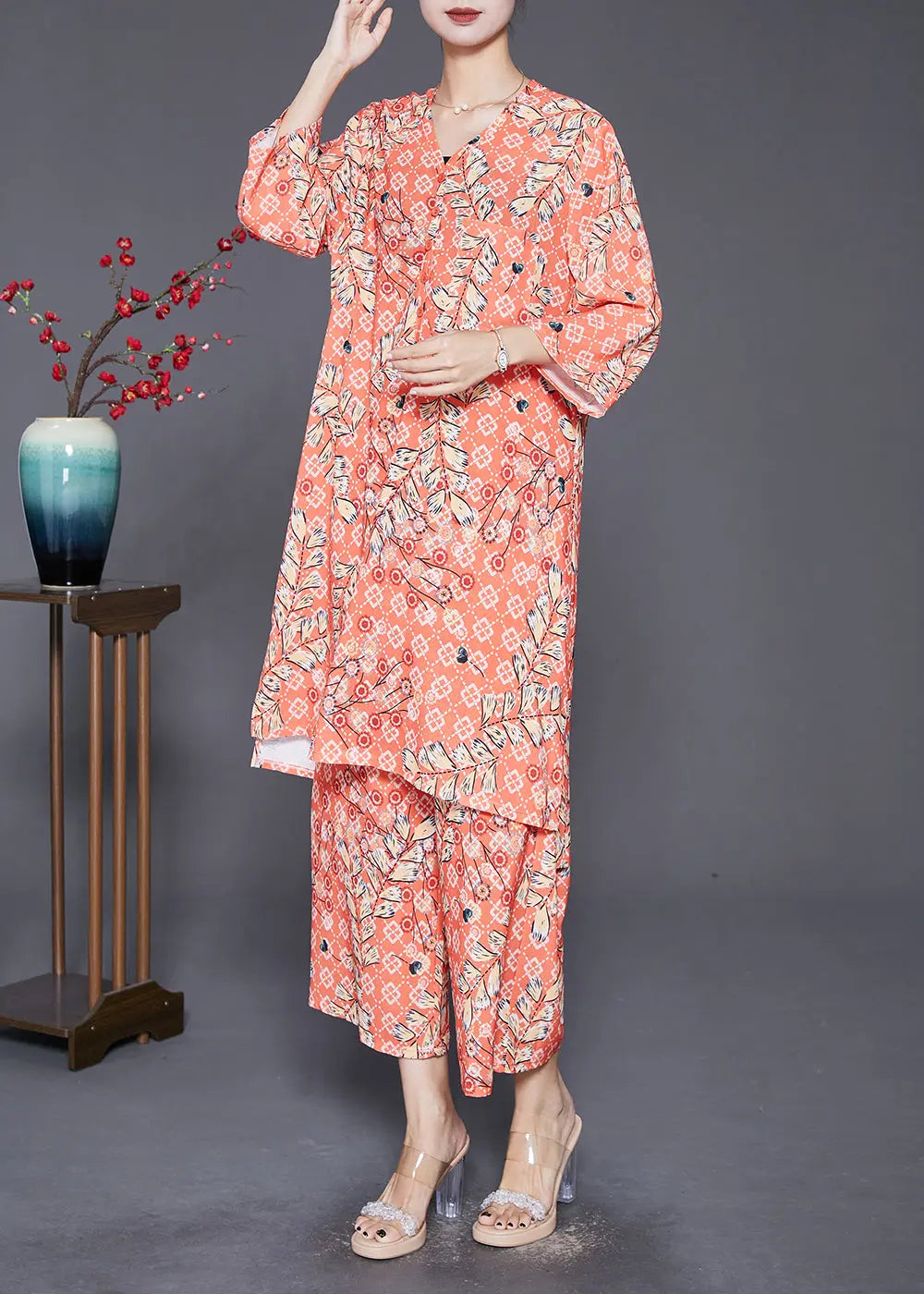 Fashion Orange V Neck Pring Cotton Two Piece Suit Set Fall Ada Fashion