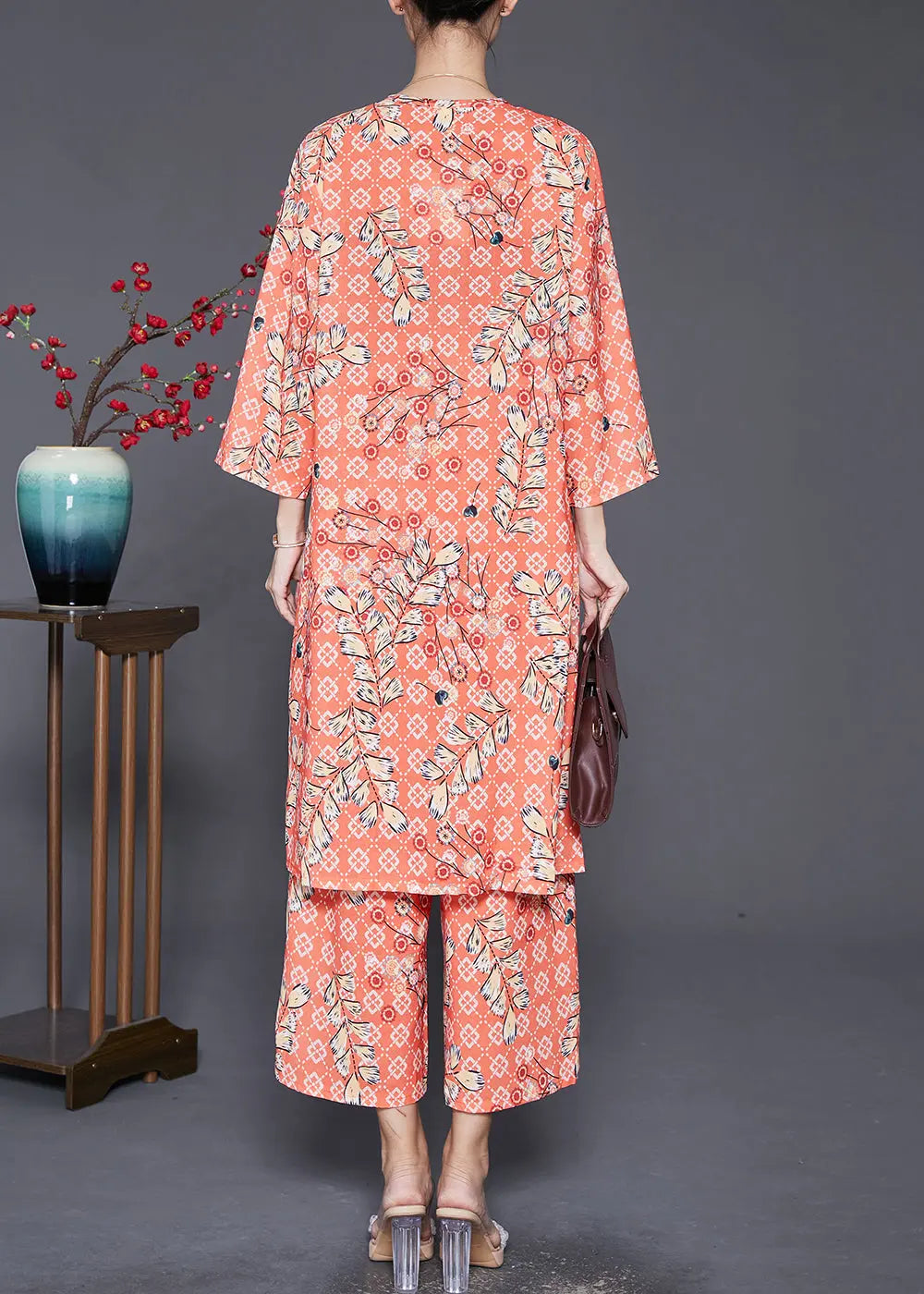 Fashion Orange V Neck Pring Cotton Two Piece Suit Set Fall Ada Fashion