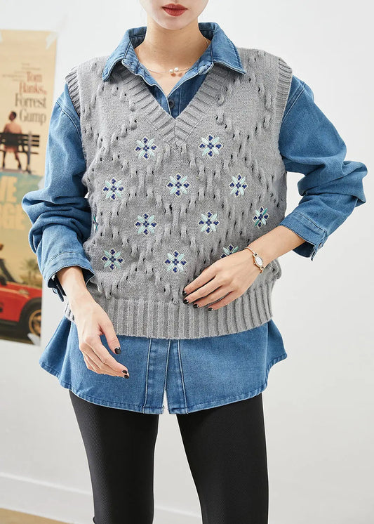 Fashion Oversized Thick Knit Vest And Denim Shirt Two Piece Set Outfits Fall Ada Fashion
