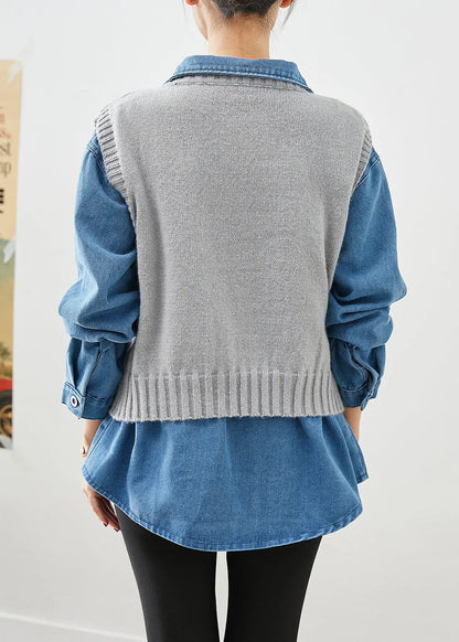 Fashion Oversized Thick Knit Vest And Denim Shirt Two Piece Set Outfits Fall Ada Fashion