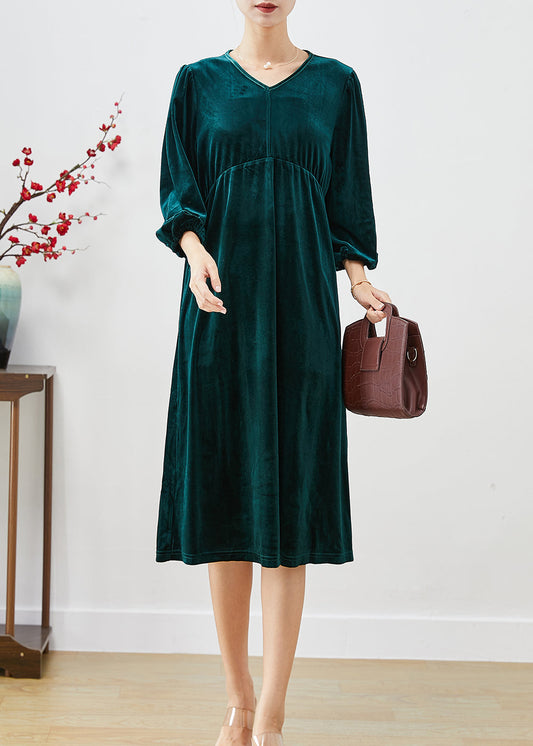 Fashion Peacock Green Oversized Patchwork Silk Velour Holiday Dress Lantern Sleeve Ada Fashion