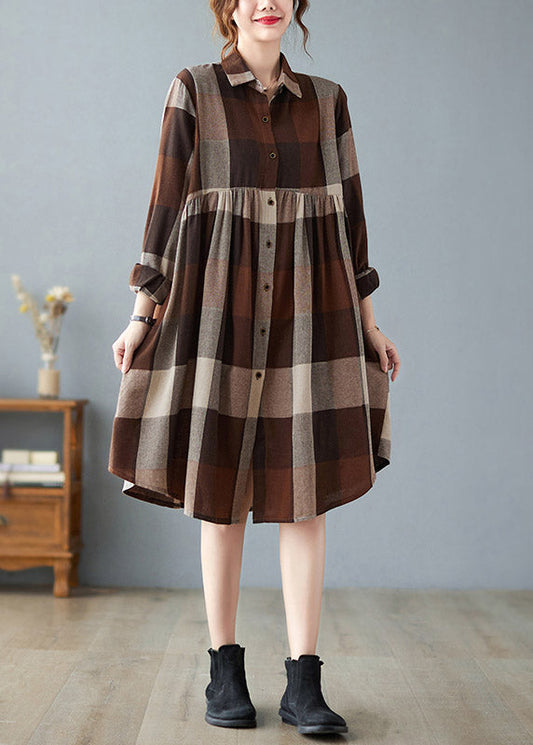 Fashion Peter Pan Collar Button Wrinkled Long Plaid Shirts Dress Long Sleeve LY4417 - fabuloryshop