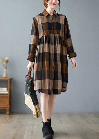 Fashion Peter Pan Collar Button Wrinkled Long Plaid Shirts Dress Long Sleeve LY4417 - fabuloryshop