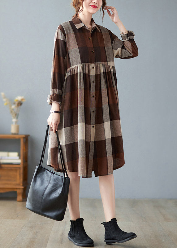 Fashion Peter Pan Collar Button Wrinkled Long Plaid Shirts Dress Long Sleeve LY4417 - fabuloryshop