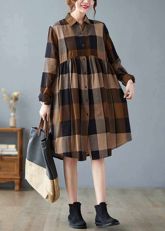 Fashion Peter Pan Collar Button Wrinkled Long Plaid Shirts Dress Long Sleeve LY4417 - fabuloryshop