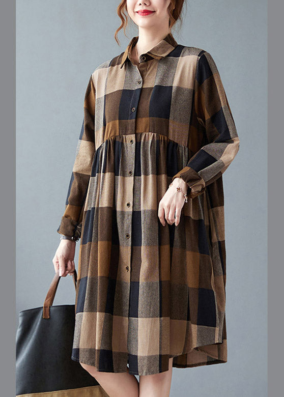 Fashion Peter Pan Collar Button Wrinkled Long Plaid Shirts Dress Long Sleeve LY4417 - fabuloryshop