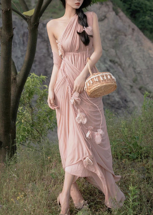 Fashion Pink Asymmetrical Patchwork Floral Elastic Waist Maxi Dress Summer LY2717 - fabuloryshop