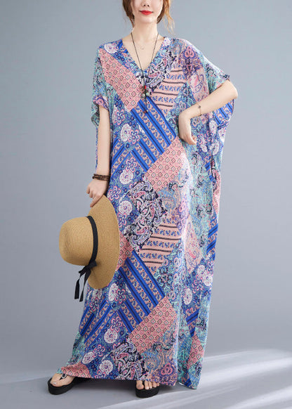 Fashion Pink Blue Print Cotton Beach Long Dresses Summer Ada Fashion