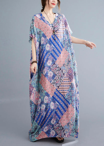 Fashion Pink Blue Print Cotton Beach Long Dresses Summer Ada Fashion