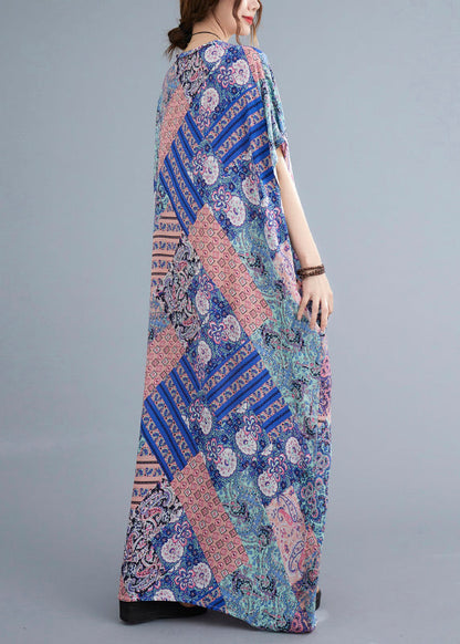 Fashion Pink Blue Print Cotton Beach Long Dresses Summer Ada Fashion