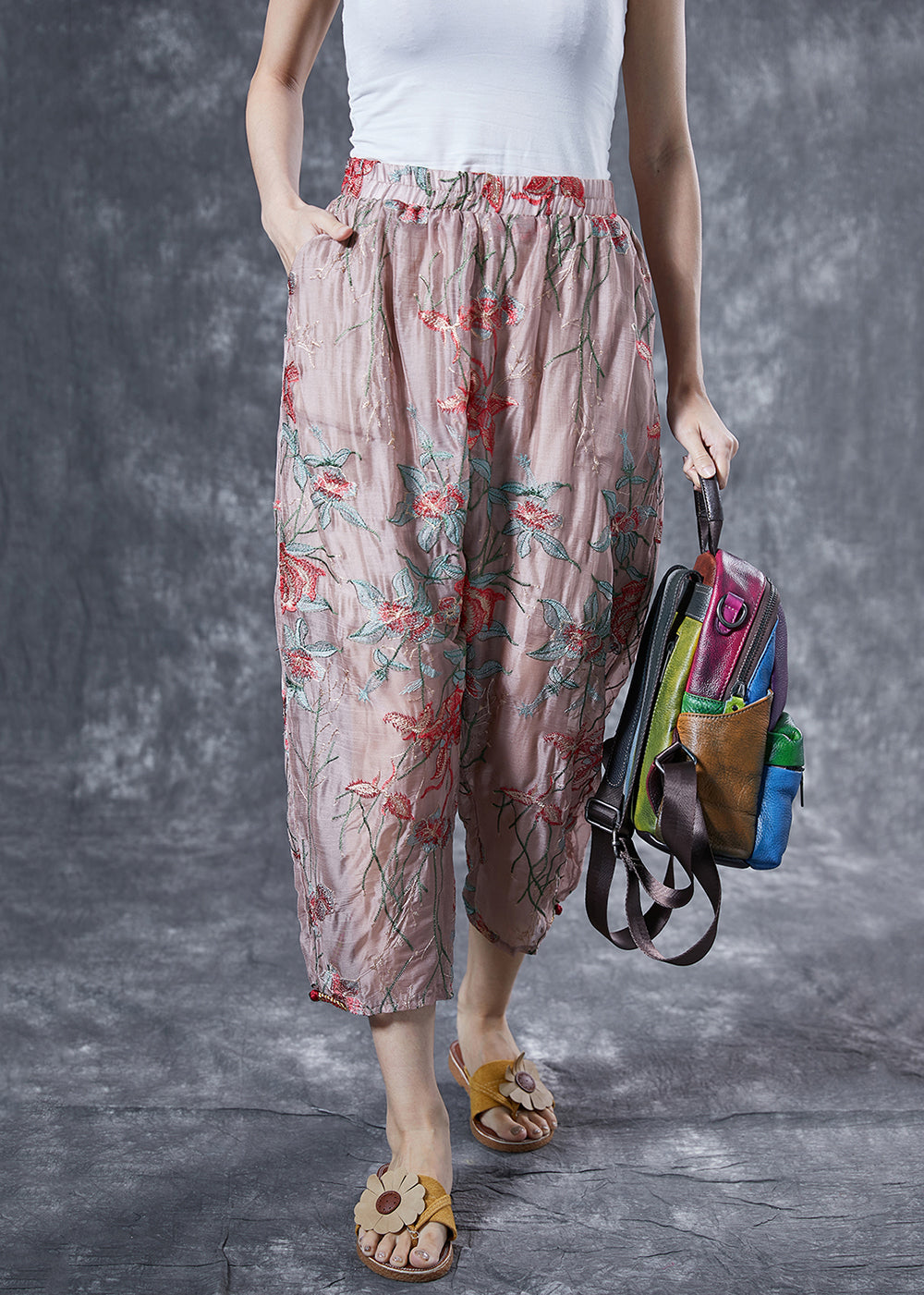 Fashion Pink Elastic Waist Embroideried Silk Harem Pants Summer LY4117 - fabuloryshop