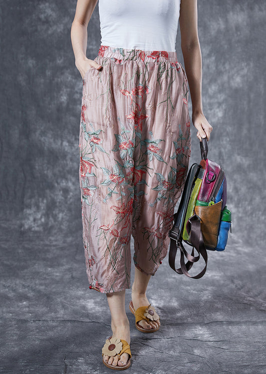 Fashion Pink Elastic Waist Embroideried Silk Harem Pants Summer LY4117 - fabuloryshop