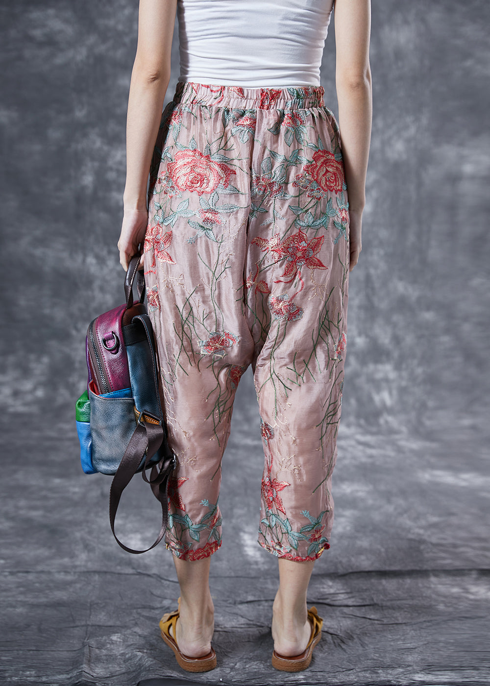 Fashion Pink Elastic Waist Embroideried Silk Harem Pants Summer LY4117 - fabuloryshop