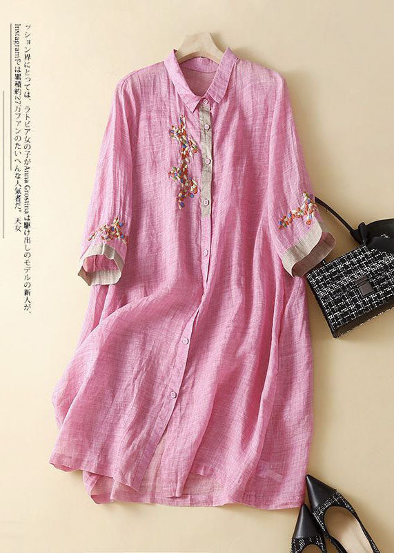 Fashion Pink Embroideried Patchwork Linen Shirt Dress Summer LY0540