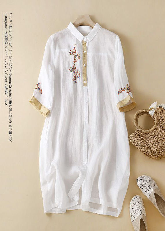 Fashion Pink Embroideried Patchwork Linen Shirt Dress Summer LY0540 - fabuloryshop