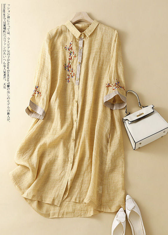 Fashion Pink Embroideried Patchwork Linen Shirt Dress Summer LY0540 - fabuloryshop