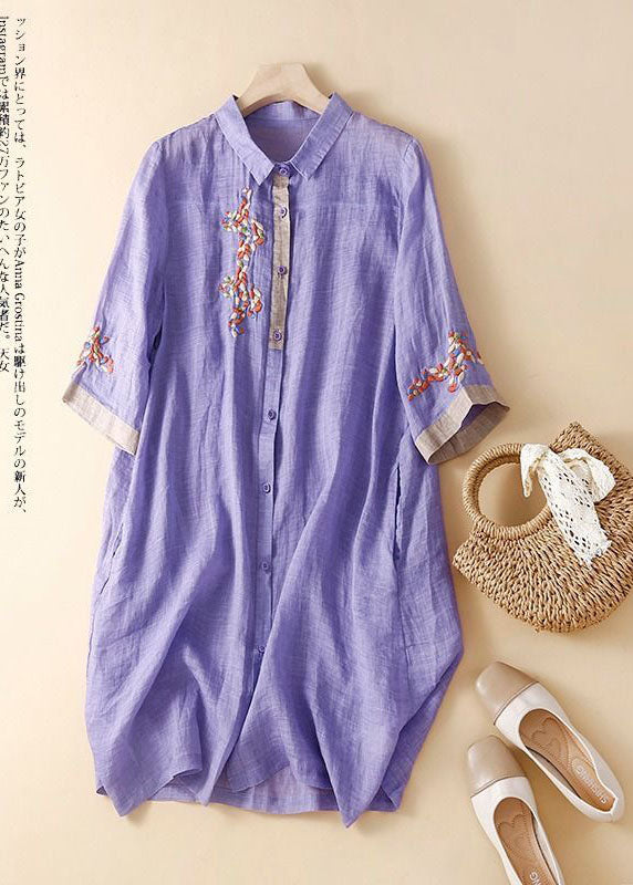 Fashion Pink Embroideried Patchwork Linen Shirt Dress Summer LY0540 - fabuloryshop