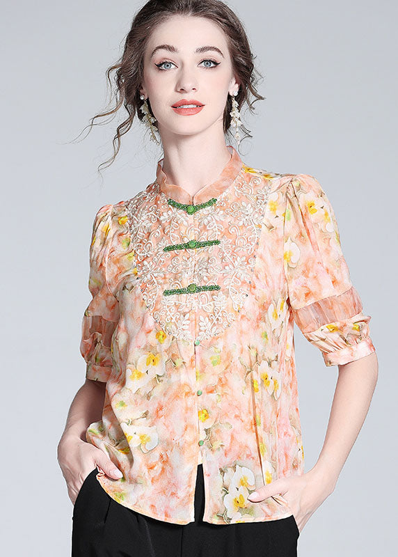 Fashion Pink Lace Embroideried Patchwork Silk Blouse Tops Spring LY0943 - fabuloryshop