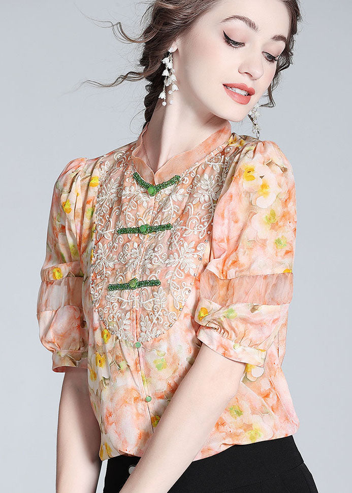 Fashion Pink Lace Embroideried Patchwork Silk Blouse Tops Spring LY0943 - fabuloryshop