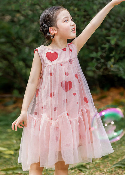 Fashion Pink Love Print Patchwork Wrinkled Tulle Kids Long Dresses Summer LY5477 - fabuloryshop