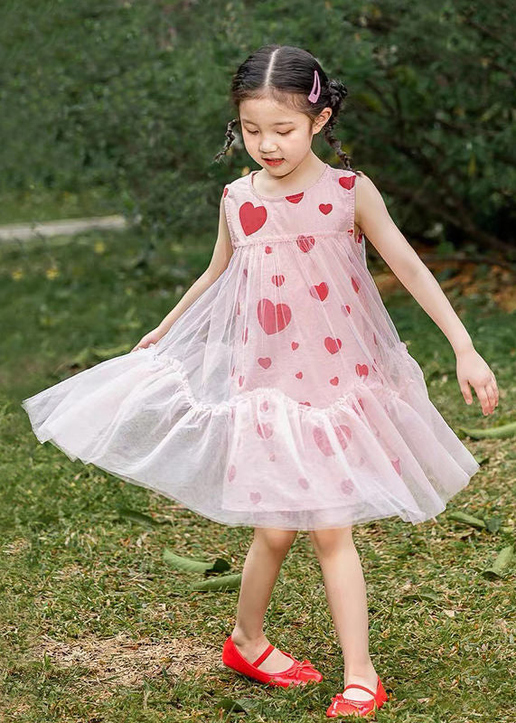 Fashion Pink Love Print Patchwork Wrinkled Tulle Kids Long Dresses Summer LY5477 - fabuloryshop