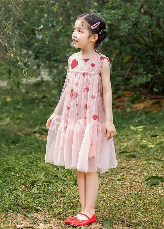 Fashion Pink Love Print Patchwork Wrinkled Tulle Kids Long Dresses Summer LY5477 - fabuloryshop