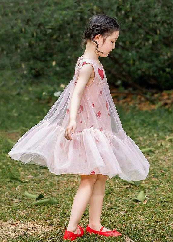 Fashion Pink Love Print Patchwork Wrinkled Tulle Kids Long Dresses Summer LY5477 - fabuloryshop