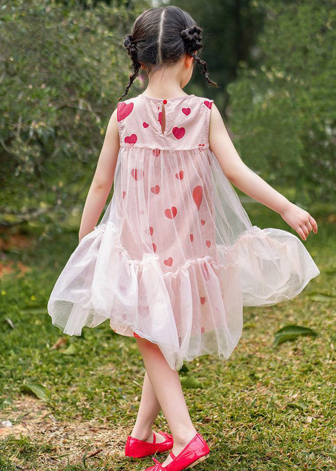 Fashion Pink Love Print Patchwork Wrinkled Tulle Kids Long Dresses Summer LY5477 - fabuloryshop